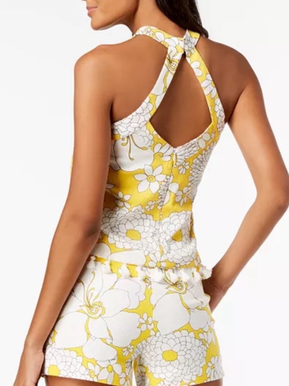Trina Turk Yellow Floral Halter Tank Top with Tassel Hem - Picture 5 of 6